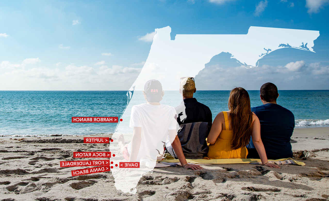 Three students sitting on a towel on the beach. A map of florida overlays the image that reads out the 6 campus locations with arrows pointing to their location on the map. A red box sits in the top right corner that says '6 campuses 1 FAU'